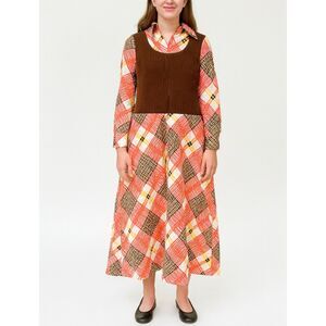 Vtg 70s Orange Funky Plaid Maxi Drop Dress Quilted Jane Martin Brady Bunch 11